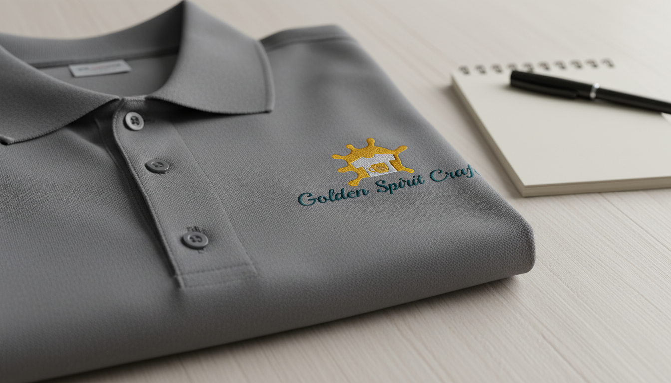 A close-up of a charcoal work polo shirt with a crisp embroidered-style logo on the chest, soft natural light, notepad and pen nearby